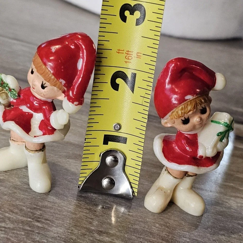 VTG 60s Kitschy Elf Girls Christmas Figurines Miniature Pixie Celluloid Set Of 2